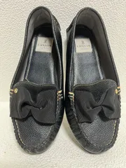 美品 ランバンオンブルー  LANVIN en Bleu シボ加工 リボンモチーフ ソフトモカシン 23cm ブラック