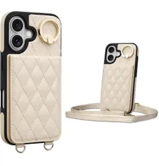 ★iPhone 16 対応 ケース 背面 手帳型 カードケース iPhone16 用 ショルダー ストラップ 背面ケース 手帳型ケース キルティングアイホン 16 用 スタンド 肩掛け カード収納 斜め掛け  6.1inch ホワイト