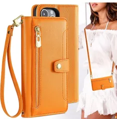★iPhone 14 Pro Max ケース 手帳型 ショルダー 【 ストラップ 長+短 2本】  スマホケース  手帳 カバー 肩がけ ストラップホール付き カード収納 バッグ マグネット スナップ 首掛け  オレンジ