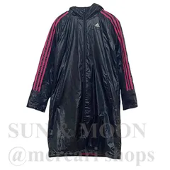 adidas アディダス 【M】 フード付きベンチコート ウィンドブレーカー トレーニングジャケット ブラック ピンク スリーライン WT12-w4