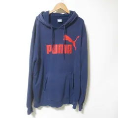D649　PUMA　プーマ　ネイビー　ロゴ　フーディー　スウエット　トレーナー　プルオーバー　L　メンズ　パーカー　
