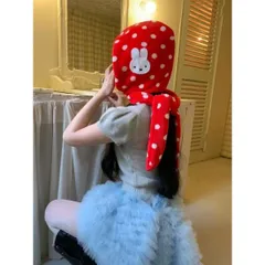 赤 ドット柄 うさぎ バラクラバ レディース 秋冬 防寒 帽子 マフラー一体型 学生 可愛い フリーサイズ