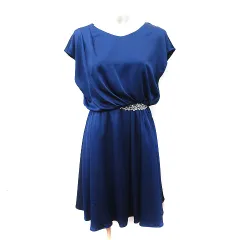 ストロベリーフィールズ STRAWBERRY-FIELDS ワンピース ひざ丈 フレンチスリーブ ビジュー 紺 ネイビー /YI