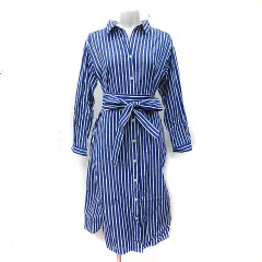 プラステ PLST シャツワンピース ロング ストライプ 長袖 S 紺 ネイビー 白 ホワイト /YI