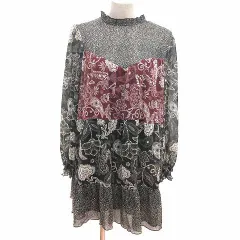 ザラ ZARA ワンピース ひざ丈 シフォン 総柄 長袖 L 黒 ブラック 白 ホワイト 赤 レッド /YK
