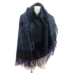 トラサルディ TRUSSARDI 大判ストール ショール 総柄 ロゴ刺繍 フリンジ ウール 黒 ブラック 緑 グリーン /MN