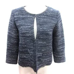 ボールジー BALLSEY トゥモローランド ノーカラージャケット ツイードニット パイピング レザー モヘヤ混 七分袖 38 M 紺 ネイビー /AU