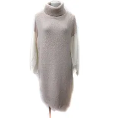 ビームスハート BEAMS HEART ニットワンピース ひざ丈 タートルネック 長袖 ベージュ /YI