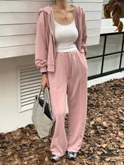 DAZY 2枚セット レディース 無地パーカー&パンツ セット、秋服、学校復帰用 レディーストラックスーツ