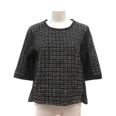 グローブ grove カットソー 格子柄 切替 七分袖 M 黒 ブラック 白 ホワイト 金色 ゴールドカラー /MS