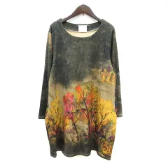 カワイイ cawaii ワンピース ミニ 総柄 長袖 起毛 緑 カーキ /MN