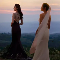 ウェディングドレス サスペンダー ロングドレス 旅撮り スリム 花嫁 タキシード 背中開き マーメイド