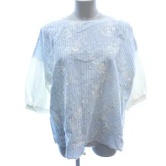 スタディオクリップ Studio Clip シャツ ブラウス カットソー ボートネック 切替 刺繍 ストライプ七分袖 L 水色 ライトブルー /AU