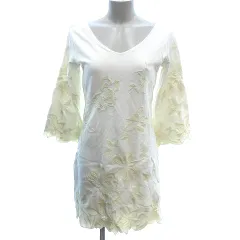 リエンダ rienda ワンピース ミニ Vネック 刺繍 ベルスリーブ 七分袖 S アイボリー 白 ホワイト /AU