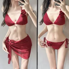 水着 レディース セパレート ビキニ 三点セット ワインレッド バラ柄   スリム 度假用