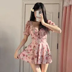 水着 レディース ワンピース 花柄 スカート風 甘め 保守 スリム 体型カバー 夏 温泉