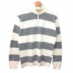 コムサイズム COMME CA ISM ニット カットソー ハーフジップ ハイネック ボーダー 長袖 L 白 ホワイト グレー /YK