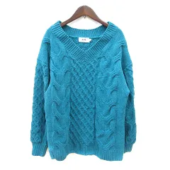 アズールバイマウジー AZUL by moussy ニット セーター Vネック 長袖 ケーブル M 青緑 ターコイズブルー /MN