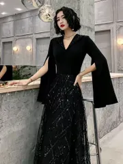 おしゃれ ロング ドレス パーティードレス 個性的 黒 袖あり カッコイイ vネック 結婚式 二次会 お呼ばれ フォーマル 演奏会 発表会大人 可