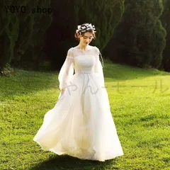 ウェディングドレス 結婚式 花嫁 トレーンドレス オフショルダー 袖あり 長袖 透け感 ロングドレス Aライン バックレス スレンダーライン
