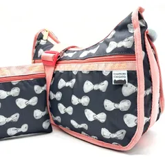 【良品】 Lesportsac レスポートサック ショルダーバッグ トートバッグ ワンショルダーバッグ ナイロン 総柄 リボン ネイビー 紺色 ピンク 桃色 ユニセックス 男女兼用 メンズ レディース