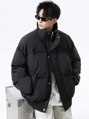 メンズ棉服 綿ジャケット 冬着 長袖 無地 立襟 秋冬 ブラック アウター 上着 羽織り アウター ファスナー カジュアル 厚手 大きいサイズ 中綿