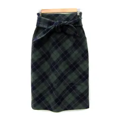 クミキョク 組曲 KUMIKYOKU リトゥム Rythme タイトスカート ミモレ丈 チェック柄 スリット リボン 2 緑 グリーン 紺 ネイビー /SY13