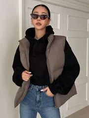 DAZY 中綿入りジップアップベスト 厚手ポケット付きコート、レディース冬用コート ジャケット