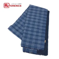 LOEWE ロエベ マフラー アナグラム チェック フリンジ ウール ブルー