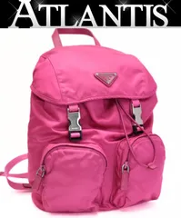 美品 プラダ PRADA 三角ロゴ ダブルポケット リュックサック バックパック ナイロン ピンク 【73136】