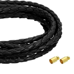 uxcell 4mm 2.19ヤード 編み込みレザーコード ラウンドソフト宝石レザーロープ 宝石 ネクタイ作り ネックレス用 黒