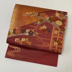 名古屋帯 正絹 唐織 引き箔 金彩 流水に花模様 九寸 着物 MA-2827