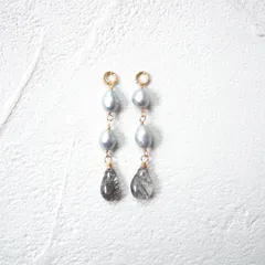 天然石 グレーパールとトルマリンクォーツのピアス/イヤリングチャーム 14kgf