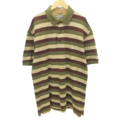 トミーヒルフィガー TOMMY HILFIGER ポロシャツ 半袖 ボーダー ロゴ スリット 薄手 Lサイズ カーキ ■GY61