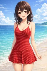 H676セールは1月末まで！赤の斜めストライプ柄スカートタイプ女子ファッション水着♪レジャーや撮影用にも♪サイズL