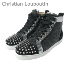 極美品 Christian Louboutin クリスチャンルブタン サイズ37.5 約24.5cm レースアップ ハイカット スニーカー スパイク スタッズ グリッター ラメ レザー スエード 黒 ブラック レディース