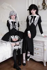 3点セット⭐️ ロリィタ 界隈 ゴシック ドレス ブラック ロリータ ワンピース クロス レース 修道女風 長袖 フレア ミニ ロング マーメイド 2タイプ 病みかわ 地雷系 量産型 ゴスロリ レディース ファッション コスプレ