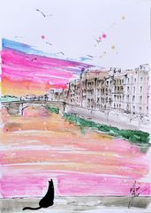 原画#148 雨 ニューヨーク ドローイング 水彩画 アート インテリア