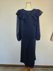 フリルブラウス ロングスカート ネイビー セット