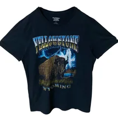 L バイソン アニマル イエローストーン 公園 プリント ブラック 黒 Tシャツ メンズ レディース ユニセックス 古着 半袖