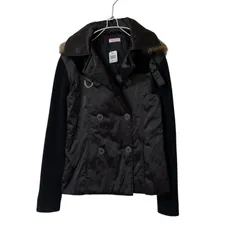 ZK15【美品】MAX&Co. ダブルブレストジャケット ファーフード付 ショート丈コート リブニット切り替え ブラック サイズ40