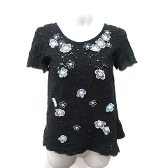 シンシアローリー CYNTHIA ROWLEY カットソー 切替 刺繍 レース 花モチーフ 2 M 黒 ブラック /YI