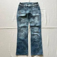 希少　00s　archive　アーカイブ　OLD DIESEL　ディーゼル　ロゴ刺繍タグ　本革パッチ　ライオンボタン　ムラ加工　フレアデニム　ブーツカット　ジーンズ　25　S相当　Y2K　平成ギャル　グランジ　lion button flare denim
