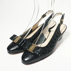 Salvatore Ferragamo サルヴァトーレフェラガモ VARA ヴァラ パンプス サイズ5C ヴァラ リボン レザー バックストラップ パンプス 靴 クロコ型押し ブラック イタリア製 ブランド古着【中古】20240305/GP3852