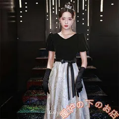 発表会ドレス 黒 ベロア ベルベット パフスリーブ イブニングドレス ブラック ロング パーティードレス ドッキング ウエスト結び付き リボン56712