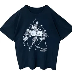 XL スカル ドクロ ガイコツ バンド オーバーサイズ プリント ネイビー ブラック 黒 Tシャツ メンズ レディース ユニセックス 古着 半袖