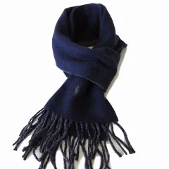 ポロ ラルフローレン POLO RALPH LAUREN イタリア製 マフラー フリンジマフラー ウール ポニー ロゴ 刺繍 紺 ネイビー ダークグレー 美品