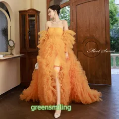 カラードレス ロングドレス プリンセスドレス オレンジ フリル 結婚式 二次会 発表会 演奏会 ウェディングドレス ウエディングドレス