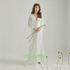 ウェディングドレス ウエディングドレス ロングドレス 二次会 結婚式 前撮り ブライダル 花嫁 ビショップスリーブ サテン 長袖 Vネック