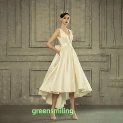 ウェディングドレス 二次会 花嫁 結婚式 披露宴 ミモレ丈ドレス サテンワンピース 前ミニ vネック ブライダル 前撮り バックレス